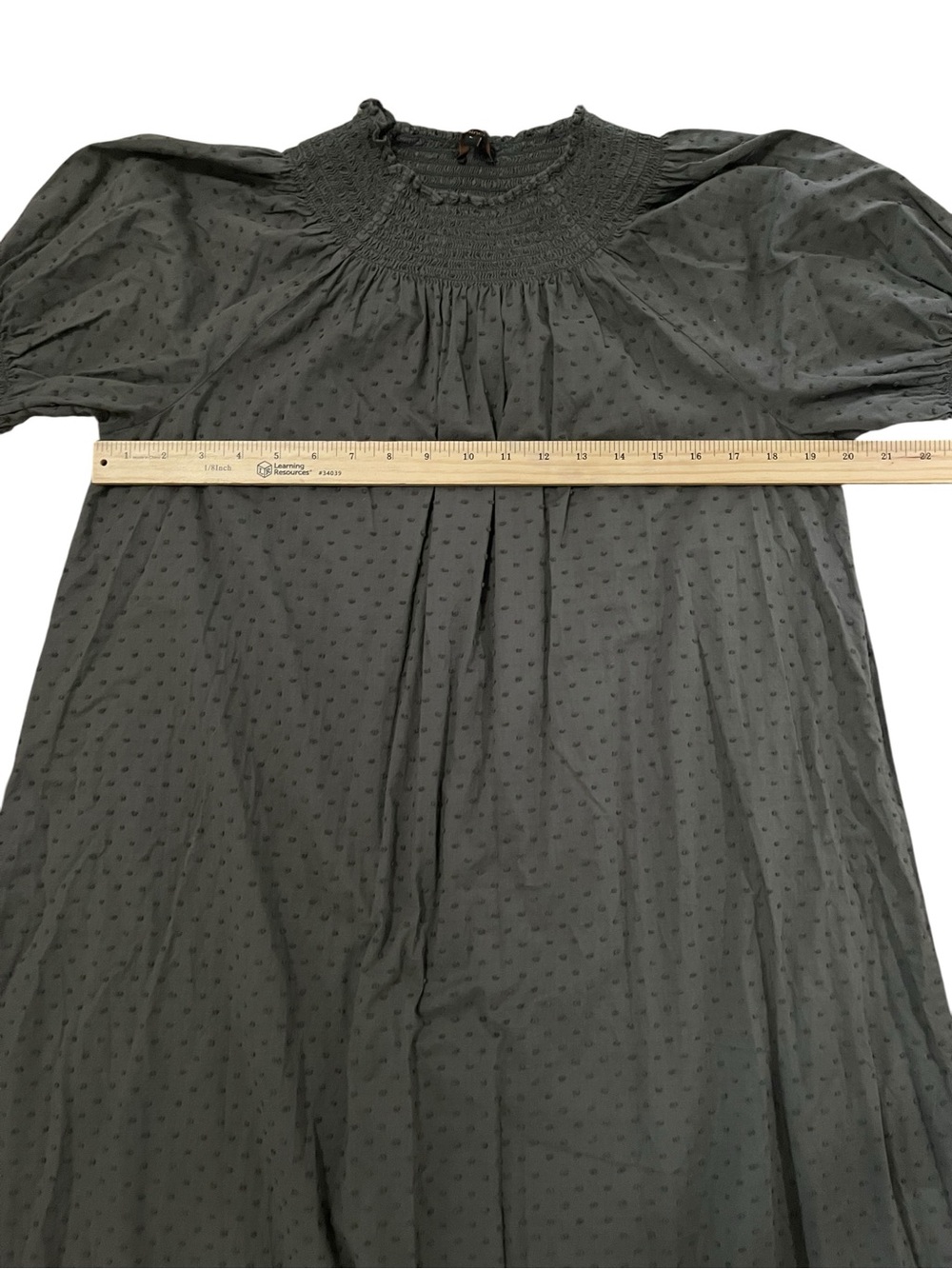Quince Charcoal Gray Swiss Dot Smocked Midi 100% Cotton Puff Sleeve Large - Picture 9 of 11